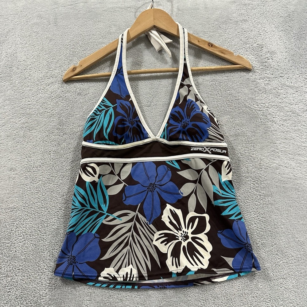 Zero Xposure Halter Tankini Women's 8 Swim Top Brown Blue Y2K Vtg Floral